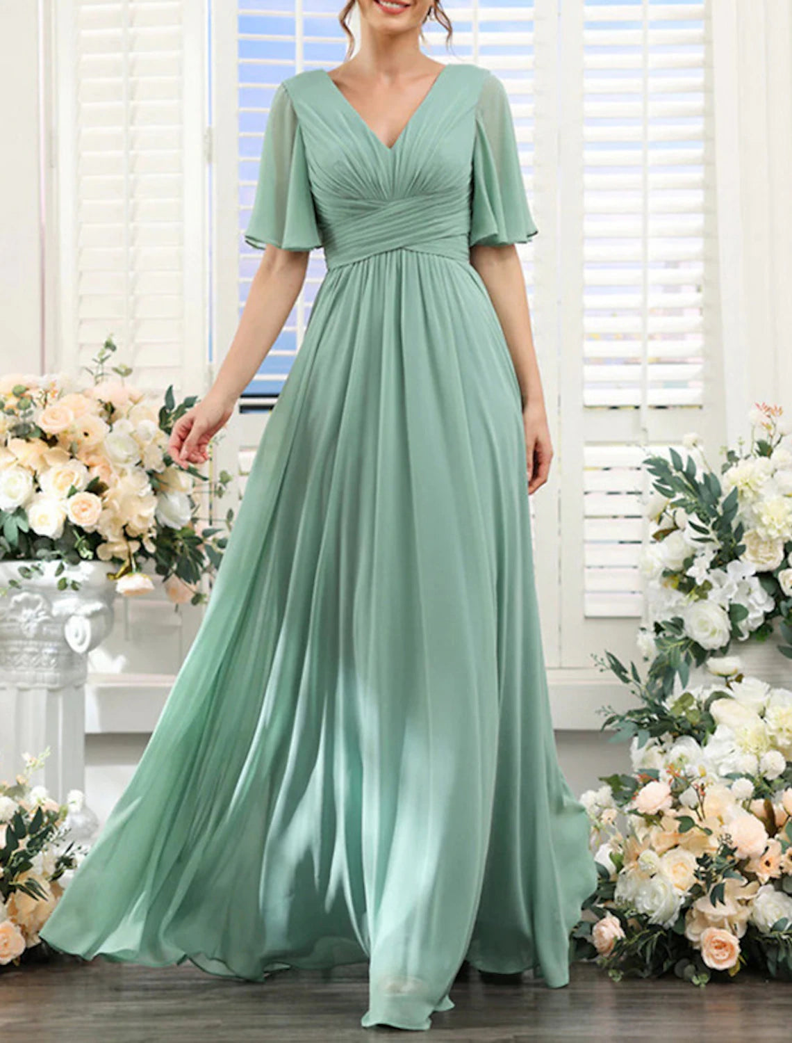 Sage Green Chiffon A-Line Floor-Length Bridesmaid Dress with Ruched V-Neck & Flutter Sleeves
