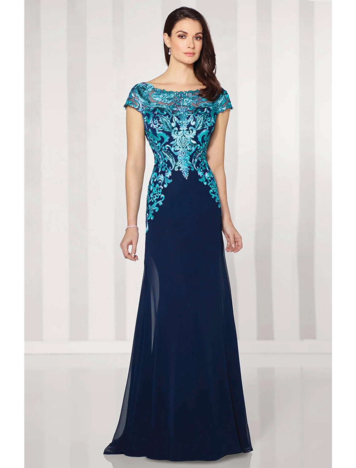 Abito da madre della sposa a trapezio, elegante, con scollo gioiello, lunghezza pavimento, in chiffon, pizzo, maniche corte con applicazioni in pizzo