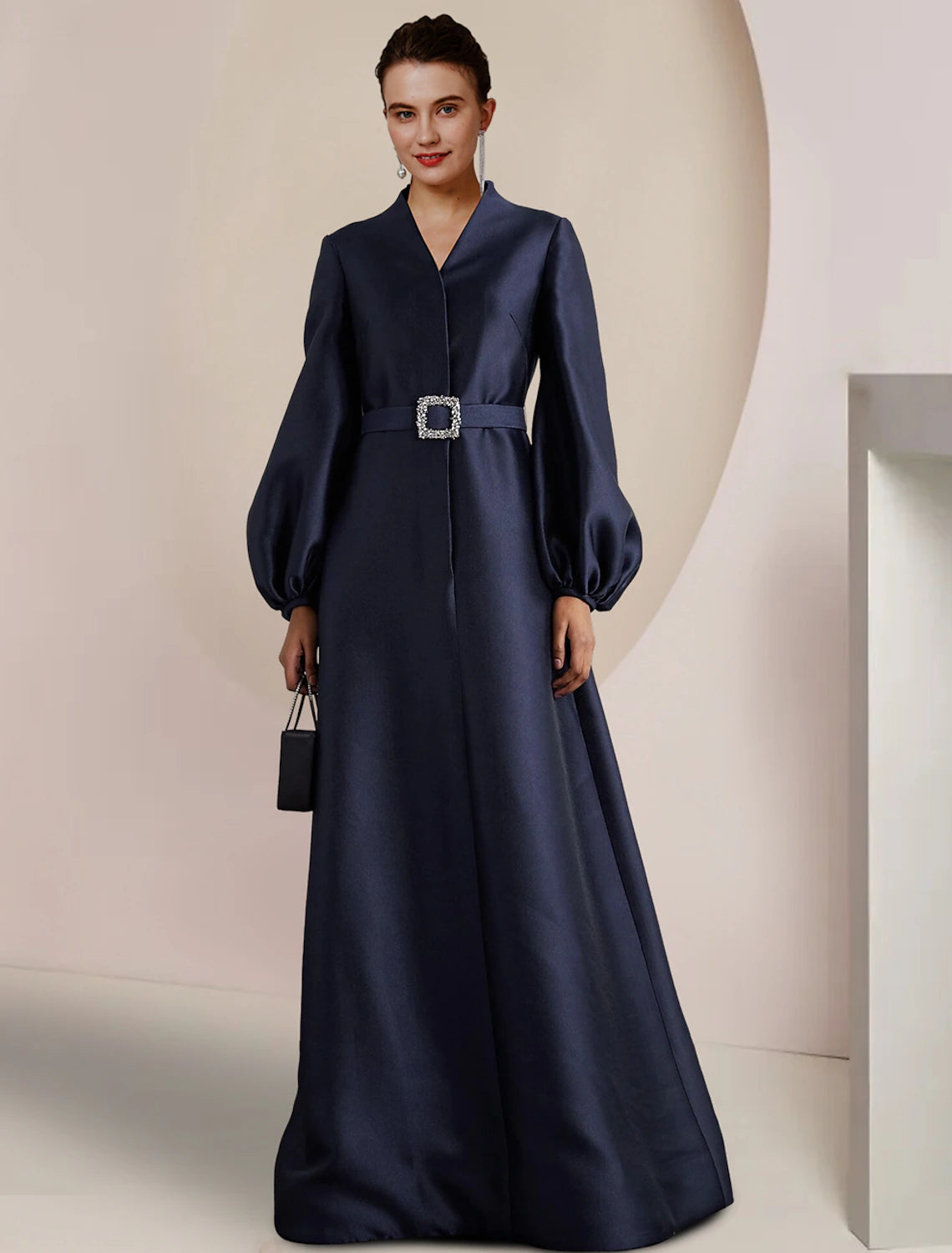 Dark Navy Satin A-Line V-Neck Floor-Length Evening Dress with Voluminous Sleeves