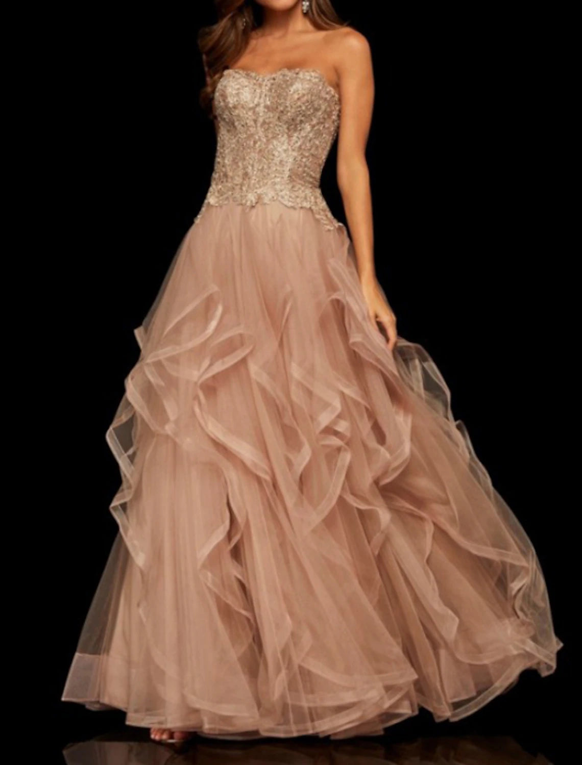 Blushing Pink Tulle Ball Gown Sweetheart Floor-Length Evening Dress with Embellished Bodice