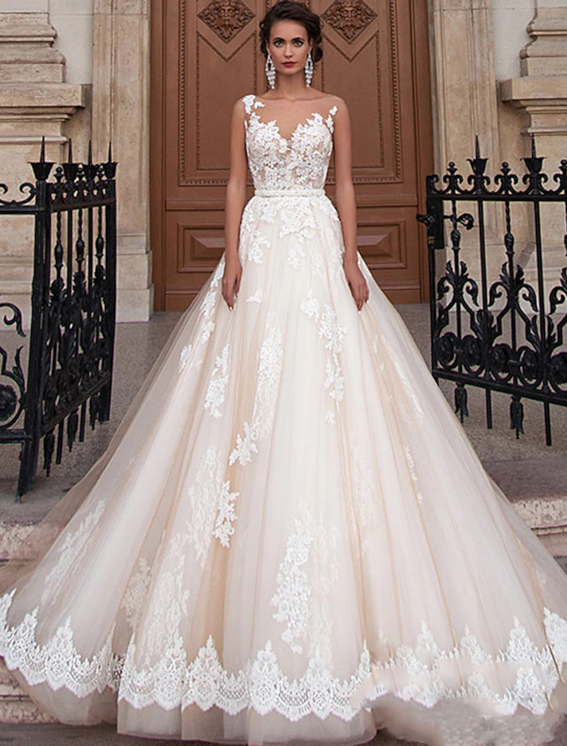 Ivory A-Line Illusion Neck Lace Tulle Floor-Length Bridesmaid Dress