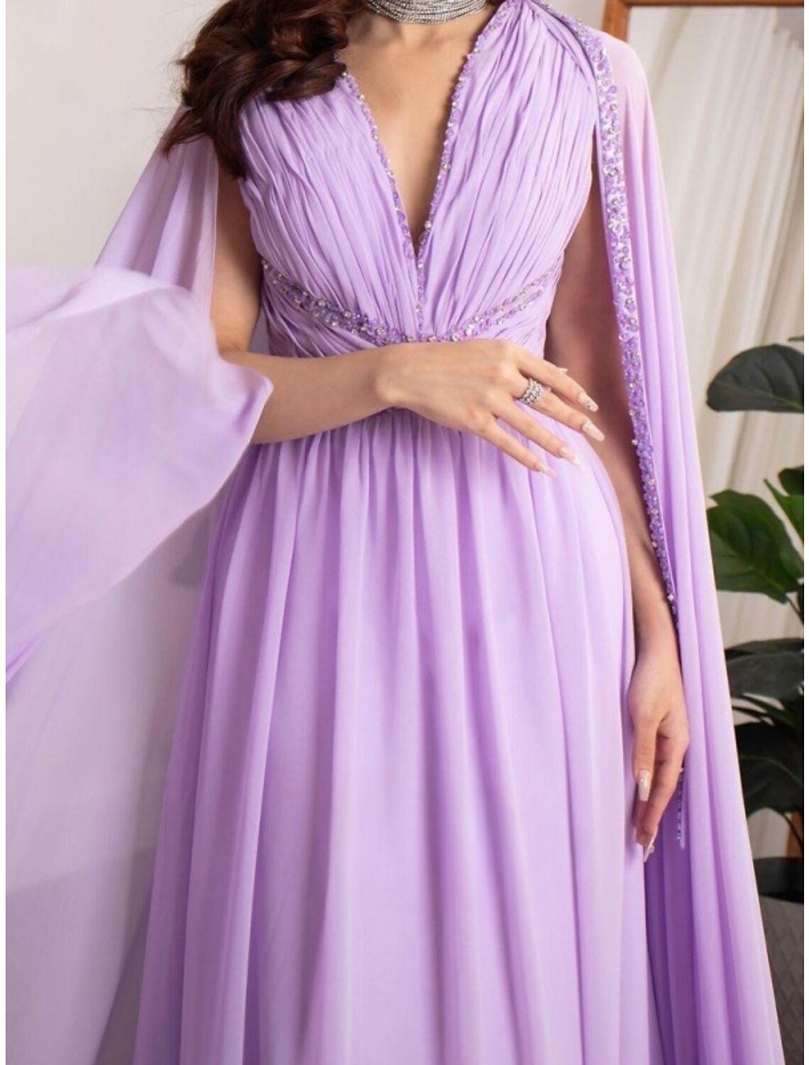 Lavender Chiffon A-Line Floor-Length V-Neck Gown with Pleated Bodice & Flowing Cape Sleeves