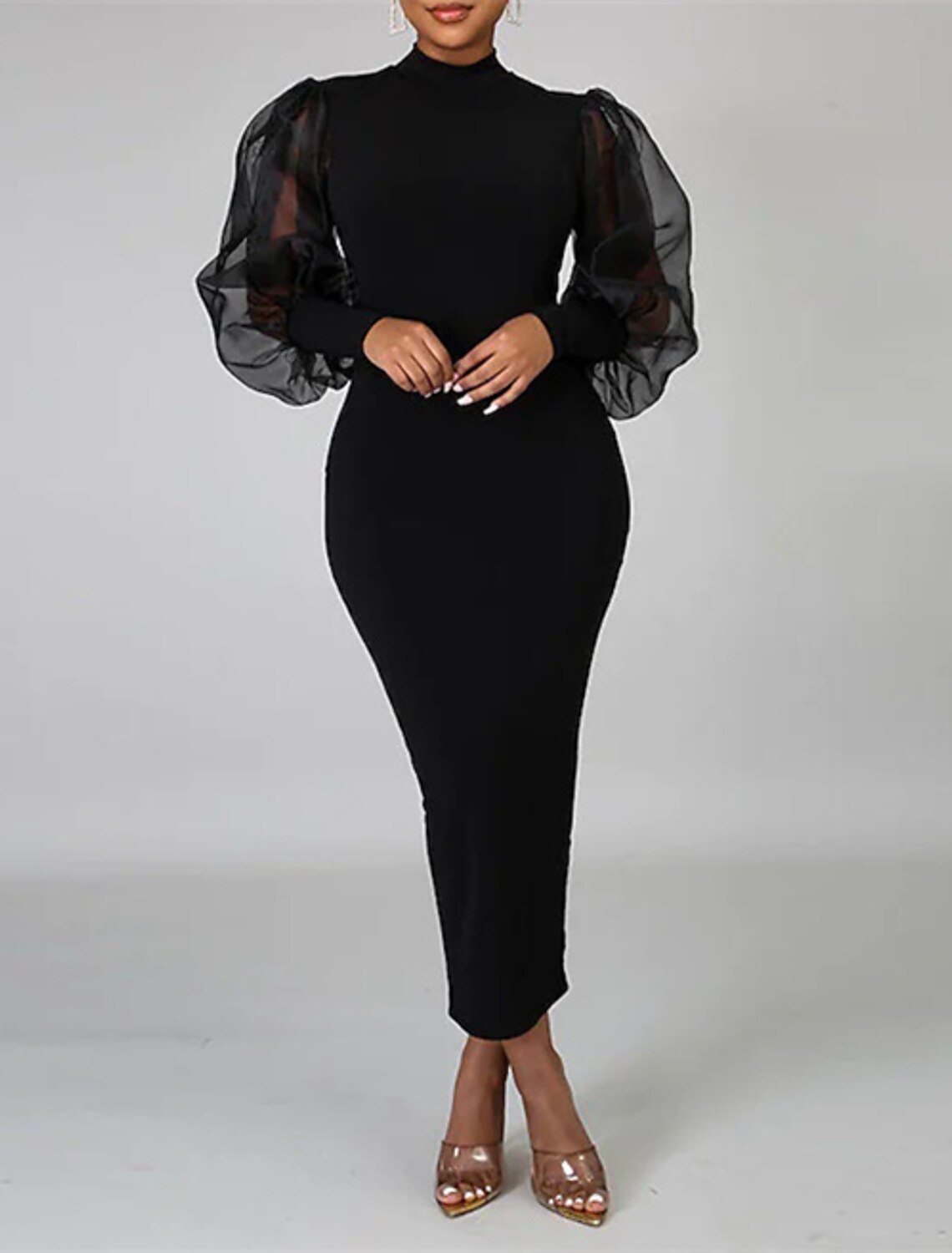 Sheath / Column Wedding Guest Dresses Elegant Dress Party Wear Semi Formal Tea Length Long Sleeve High Neck  Chiffon with Pure Color