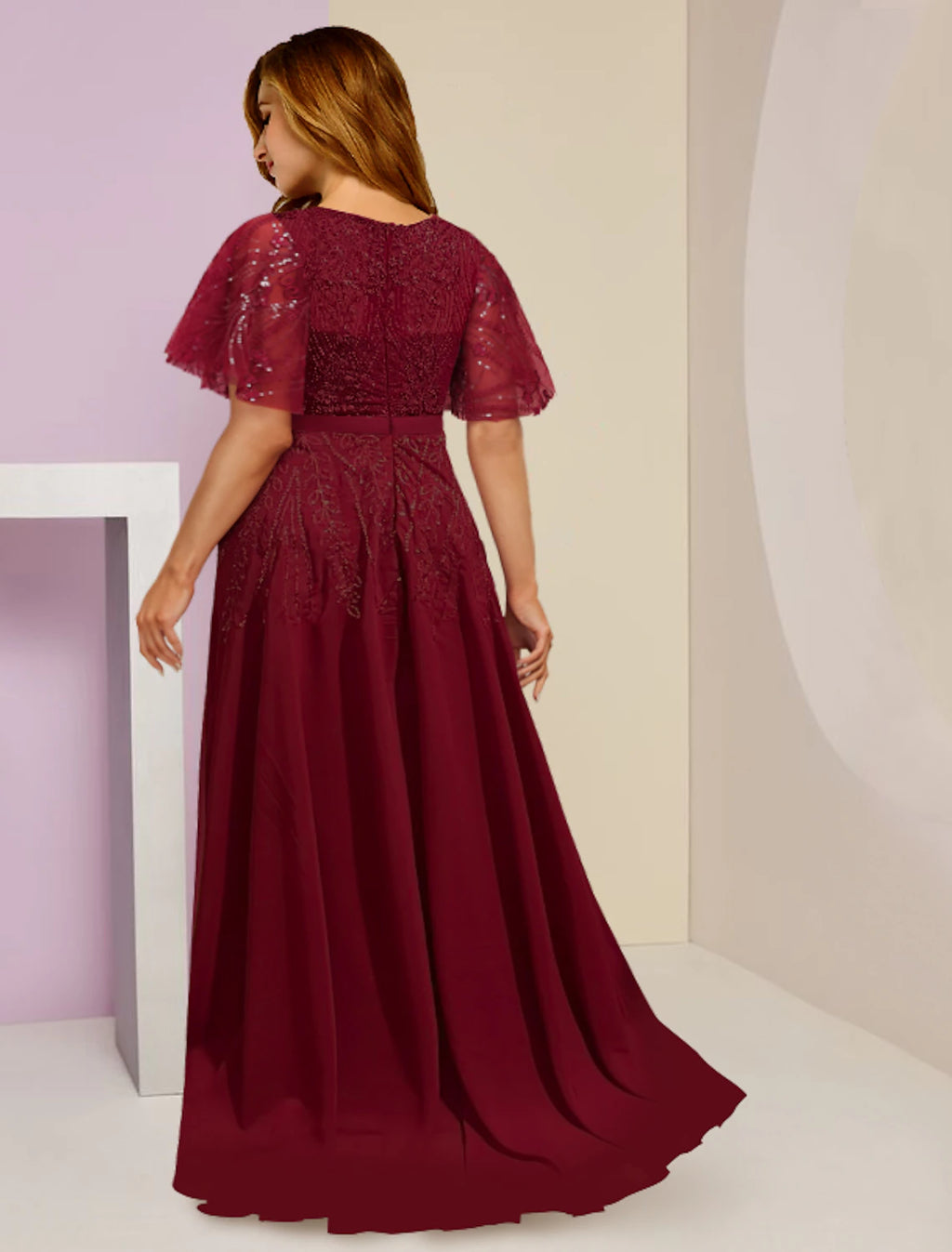 Vestidos de Madre de la Novia Talla Grande Curvas Ocultar Vientre Invitada de Boda Elegante Brillo y Resplandor Escote en V Largo hasta el Suelo Gasa Encaje Lentejuelas Manga Corta con Pliegues Frente Abierto