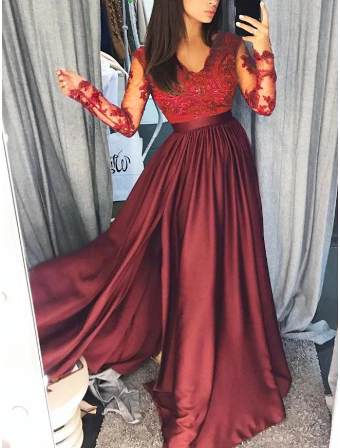 Black Lace A-Line Floor-Length Dress with V-Neck & Back Zip