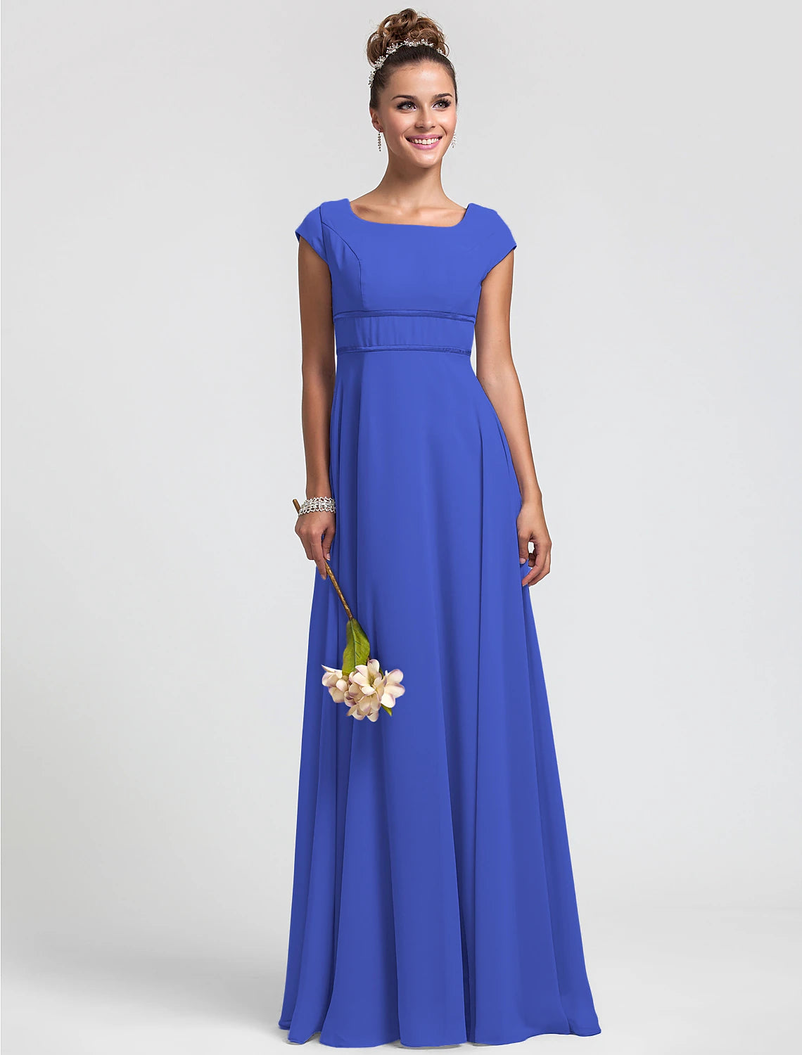 Orange Chiffon A-Line Floor-Length Bridesmaid Dress with Square Neck & Cap Sleeves