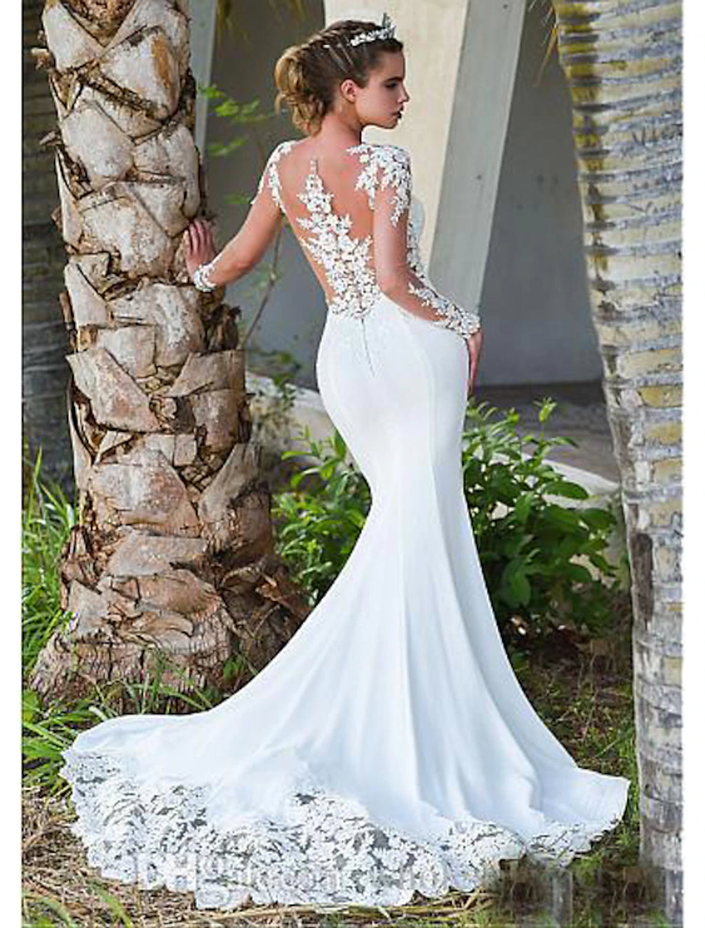 Ivory Satin Mermaid Floor-Length Dress with Illusion Lace Long Sleeves