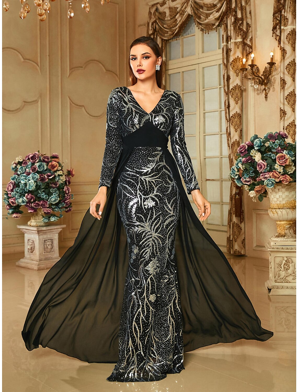 Vestido de noche elegante con corte en forma de columna, corte formal, cola larga, escote en V, lentejuelas y pliegues brillantes.
