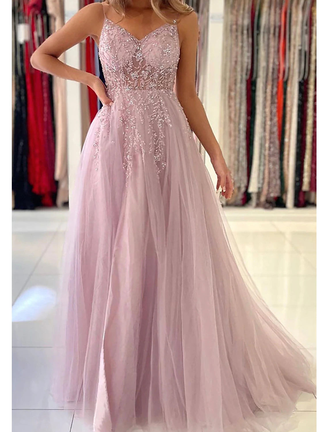 Vestido de fiesta de graduación de corte A, vestido de princesa, vestido formal de graduación, cola de corte, sin mangas, cuello en V, tul con cuentas