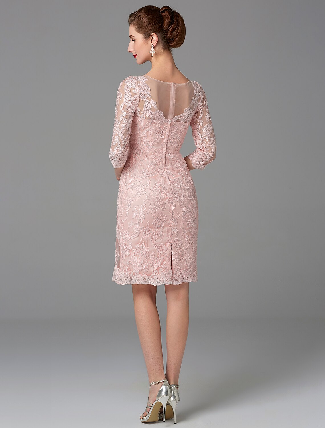 Vestido de madre de la novia de dos piezas, estilo tubo/columna, con brillo y brillo, cuello joya, largo hasta la rodilla, de gasa, con encaje, mangas 3/4, chaqueta y apliques de cuentas.