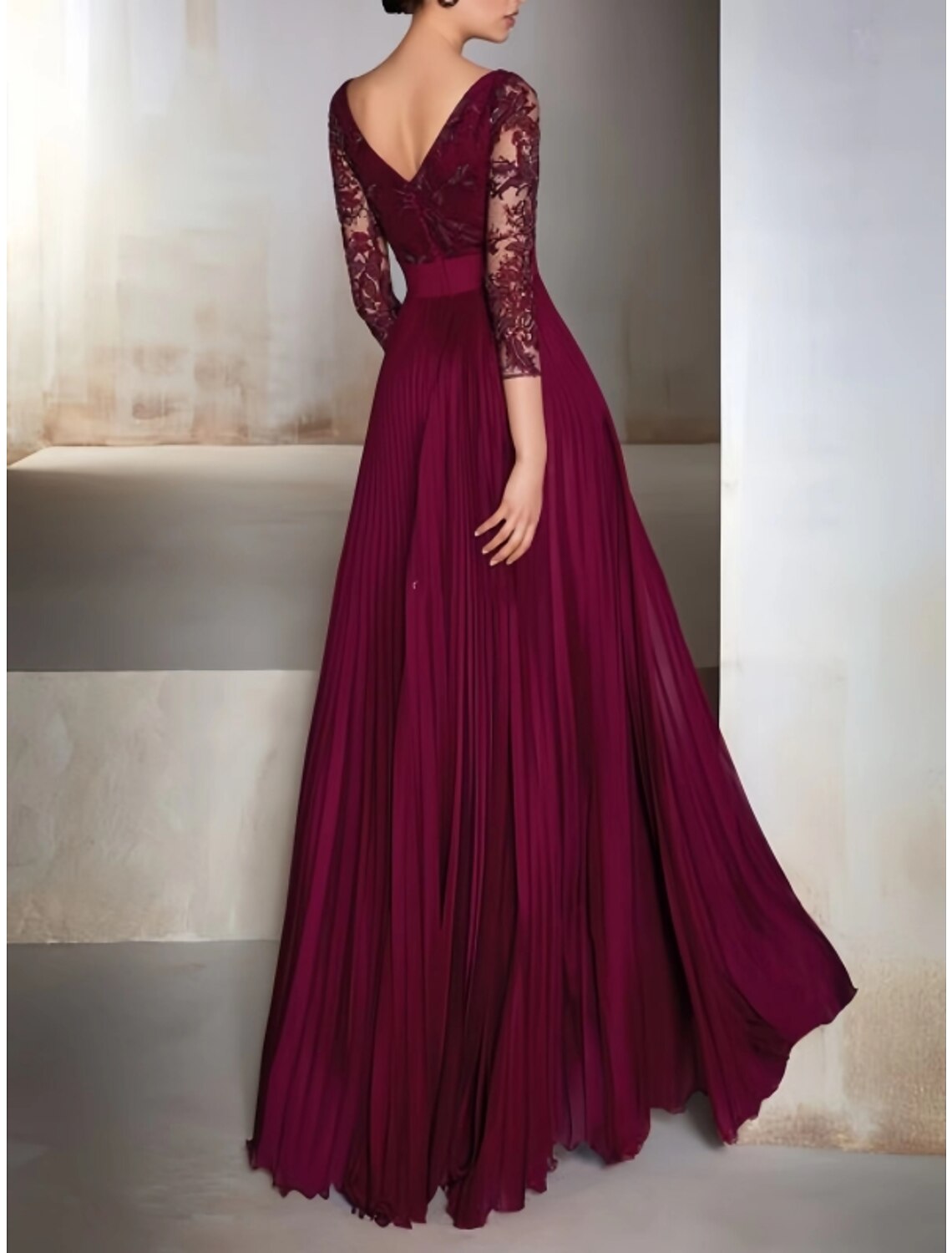 Abito da sera a trapezio, elegante, formale, autunnale, lungo, manica a 3/4, scollo a V, in chiffon con fiocco/i e pieghe