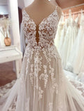 Ivory Lace A-Line V-Neck Floor-Length Bridesmaid Dress with Floral Appliques