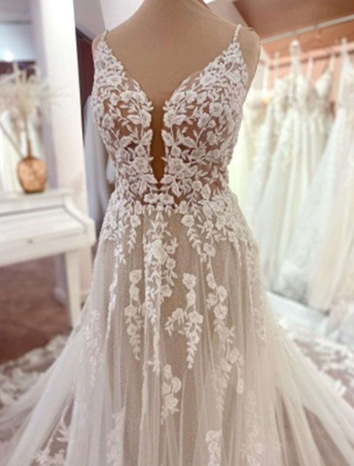 Ivory Lace A-Line V-Neck Floor-Length Bridesmaid Dress with Floral Appliques