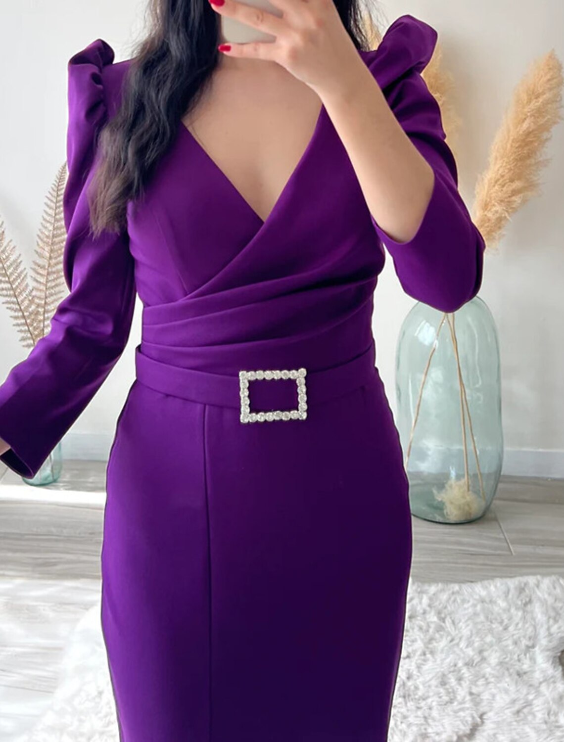 Vestido de noche con corte tubo/columna, color morado, para cóctel, trabajo, formal, largo hasta los tobillos, manga larga, escote en V, tela con faja/cinta y abertura fruncida.