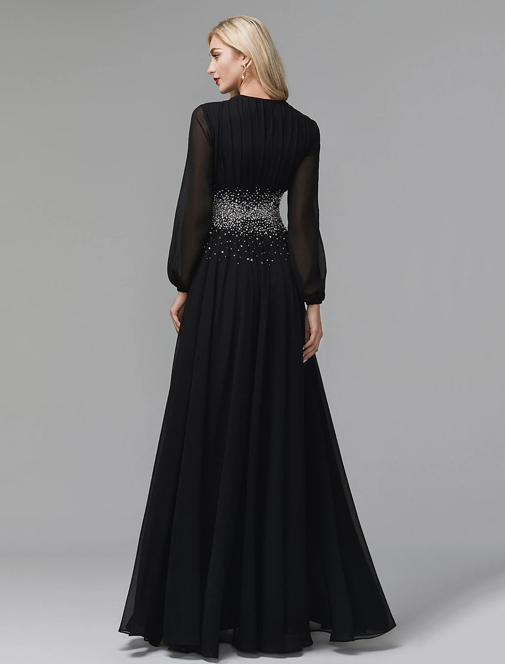 Vestido de noche de corte A, vestido formal de celebridad para alfombra roja, vestido de fiesta, corbata negra, para invitados de boda, largo hasta el suelo, manga larga, cuello en V, gasa con lentejuelas