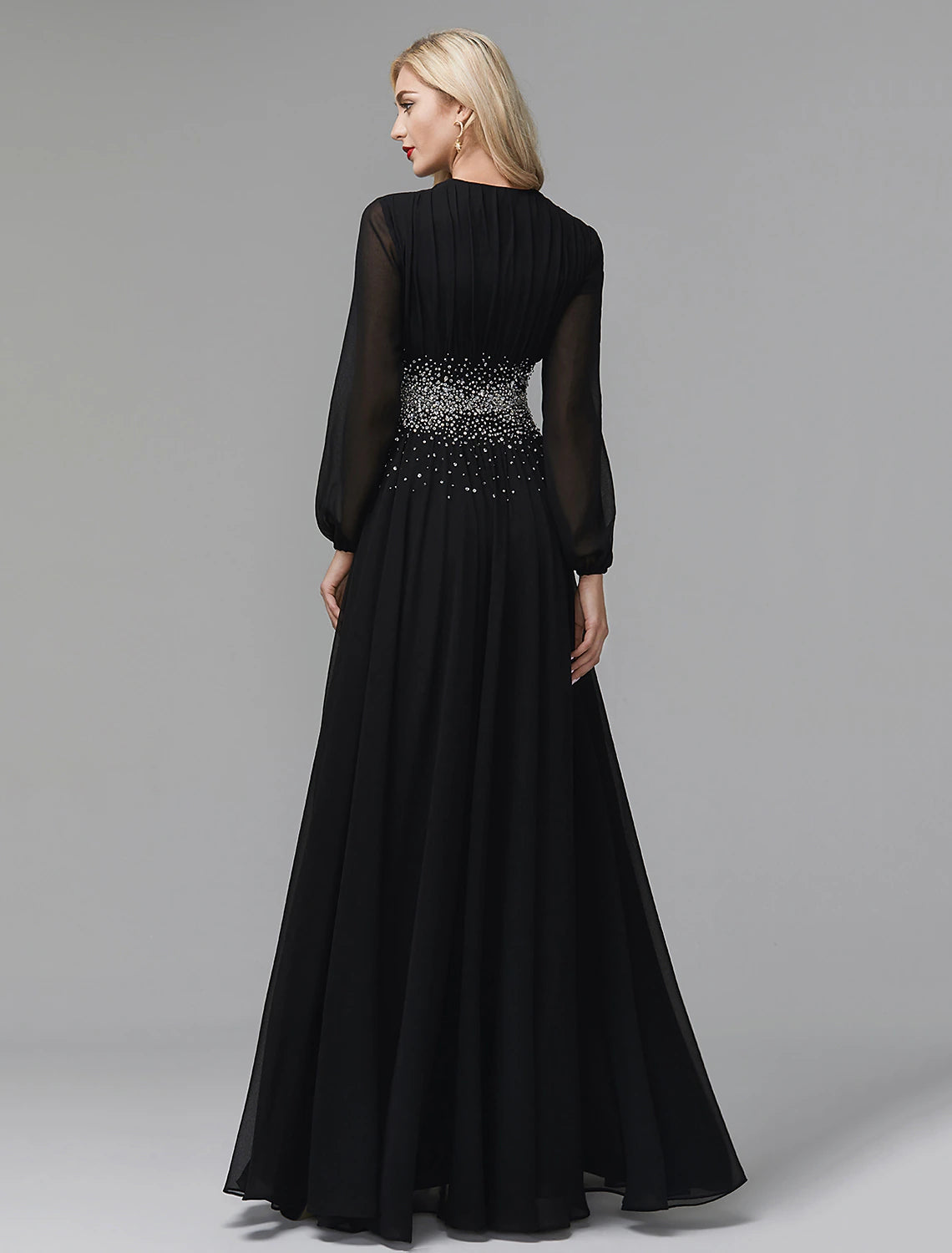 Vestido de noche de corte A, vestido formal de celebridad para alfombra roja, vestido de fiesta, corbata negra, para invitados de boda, largo hasta el suelo, manga larga, cuello en V, gasa con lentejuelas