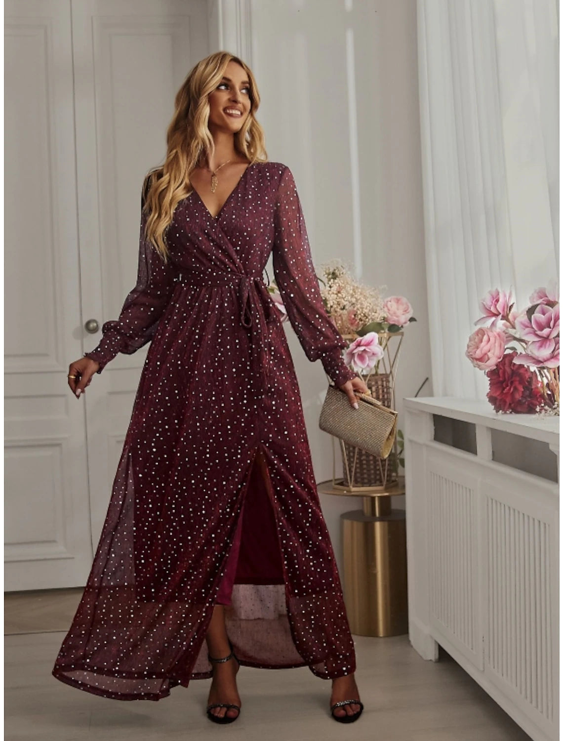 Forest Green A-Line Floor-Length Evening Dress with Wrap Design, High Slit & Glitter Dots
