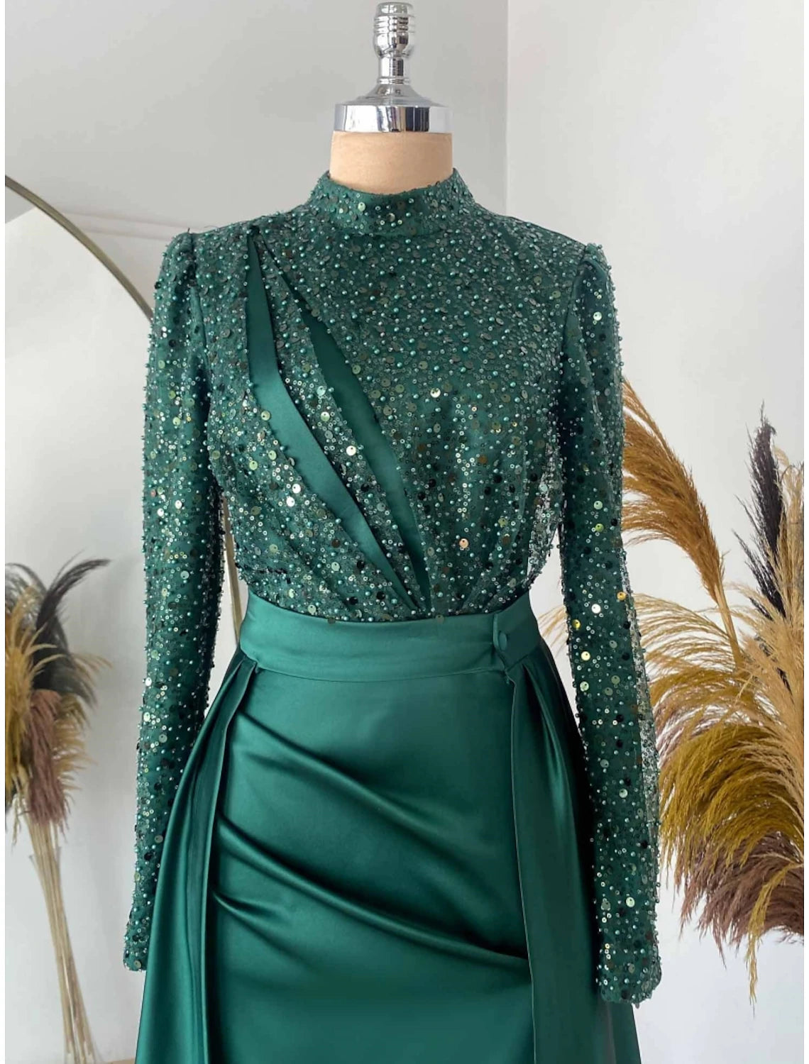 Emerald Sequin High Neck A-Line Floor-Length Gown