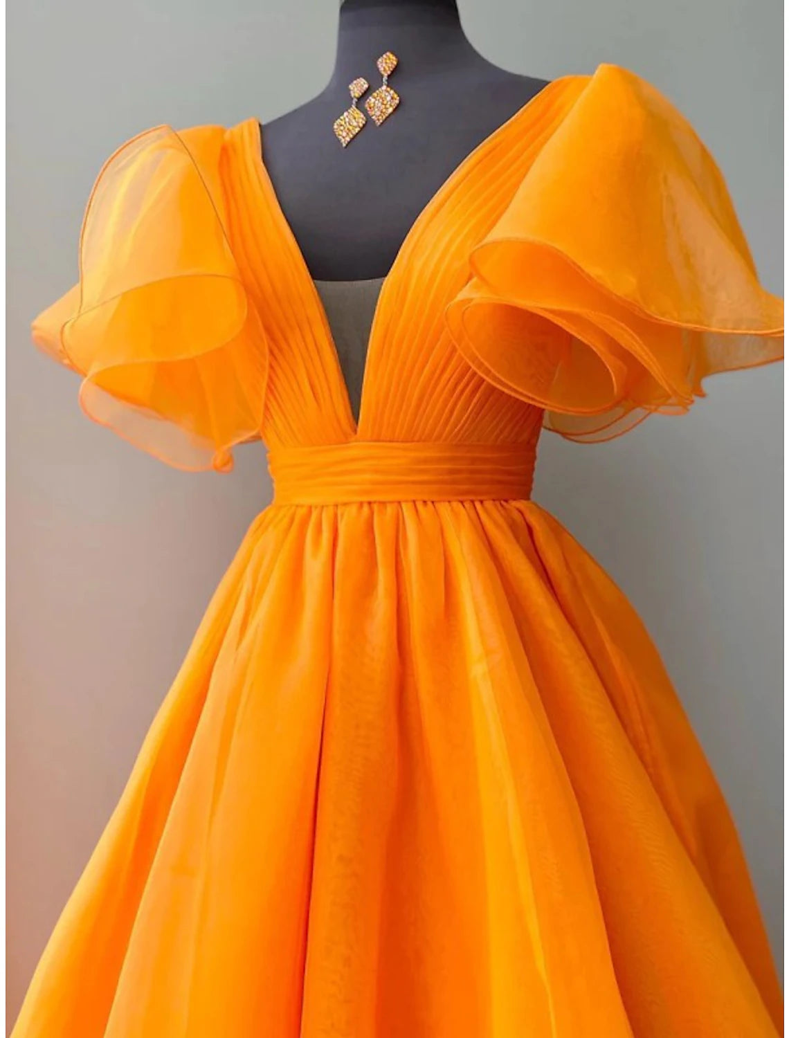 Vestido de noche estilo celebridad, vestido de fiesta de boda, largo hasta el suelo, manga corta, cuello en V, para invitada de boda de otoño, organza con pliegues y volantes.