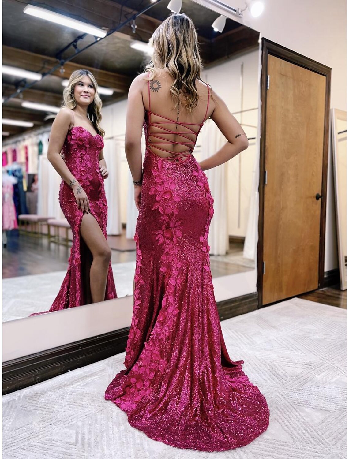 Pink Sequin Mermaid Sweetheart Backless Floor-Length Evening Dress with 3D Floral Appliques