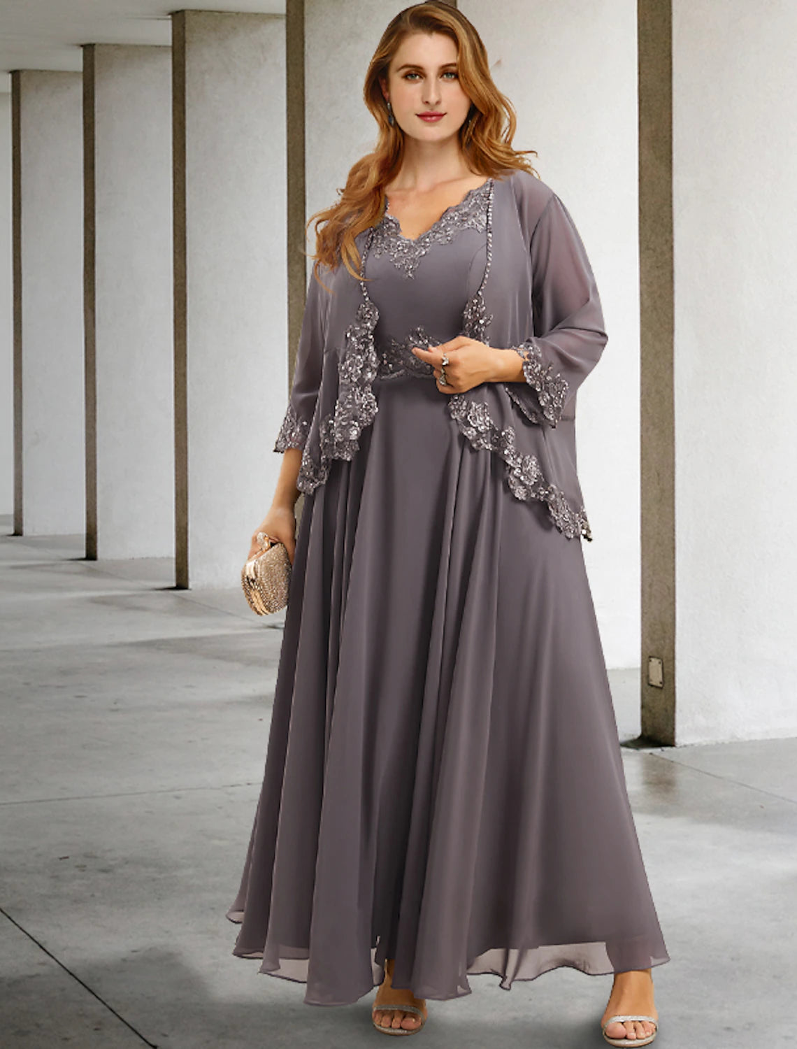 Vestido de novia de dos piezas, corte A, para invitados, talla grande, con barriga oculta, elegante, formal, largo hasta la rodilla, sin mangas, escote en V, de gasa con apliques