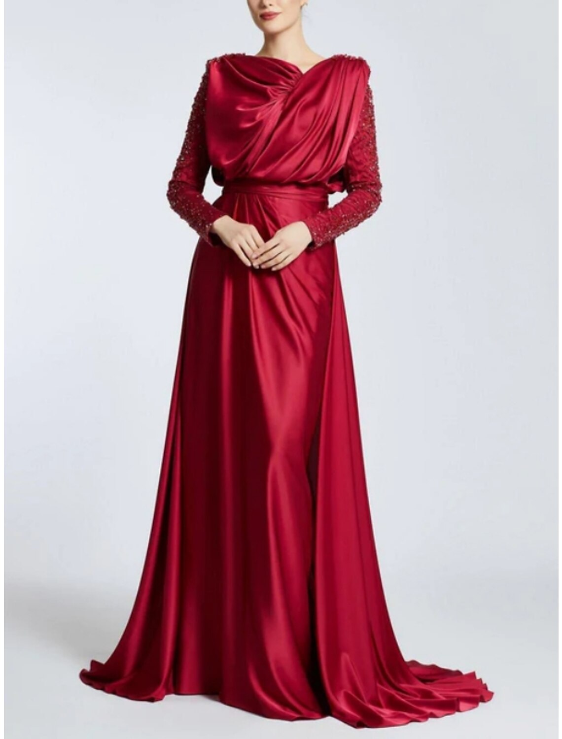 Vestido de noche negro de corte A, vestido elegante de talla grande, vestido formal con cola larga, cuello joya, satén con pliegues y lentejuelas