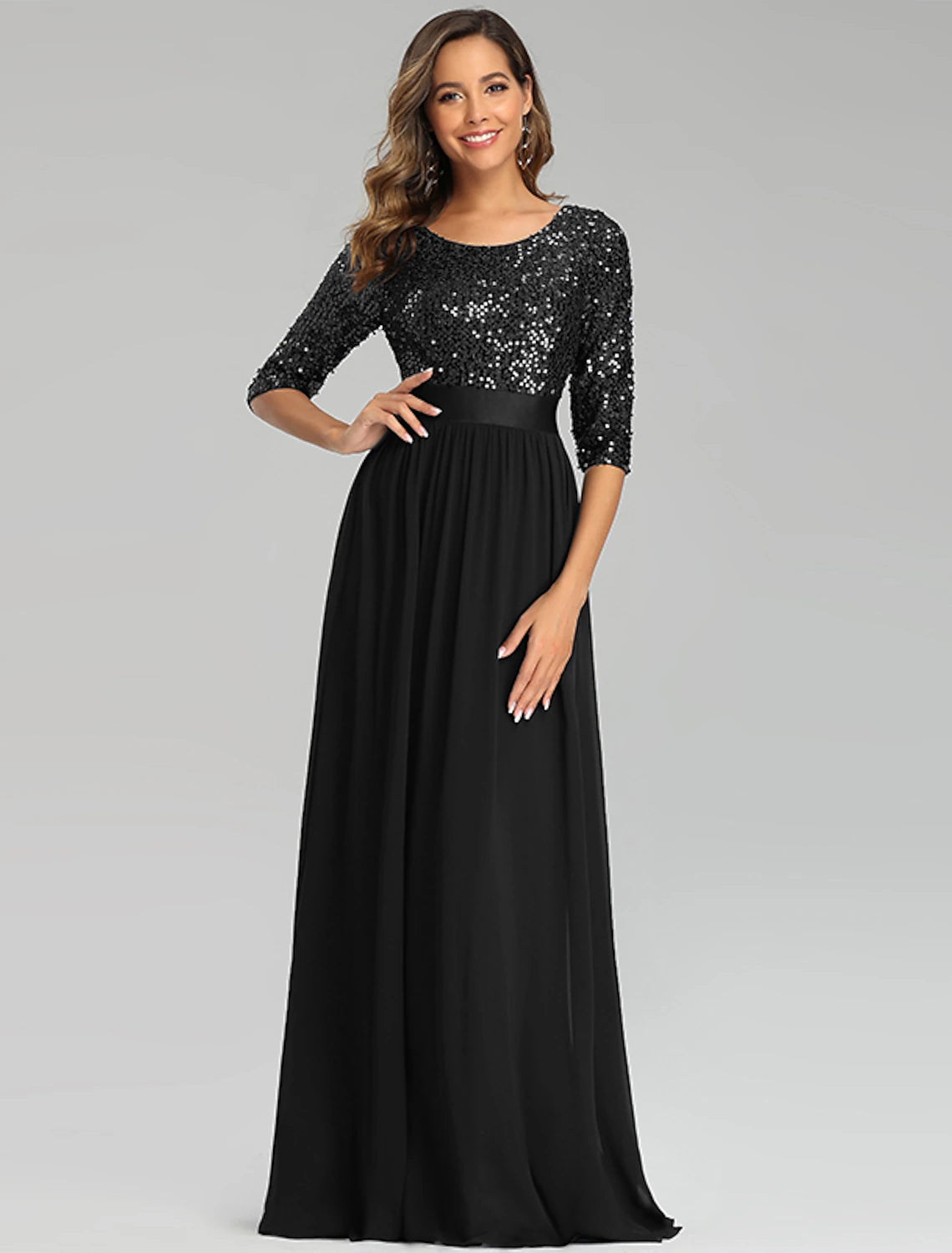 Abito da cerimonia per la madre della sposa, a trapezio, elegante, con scollo gioiello, lunghezza al pavimento, in tulle con paillettes, manica a 3/4, con paillettes, taglie forti