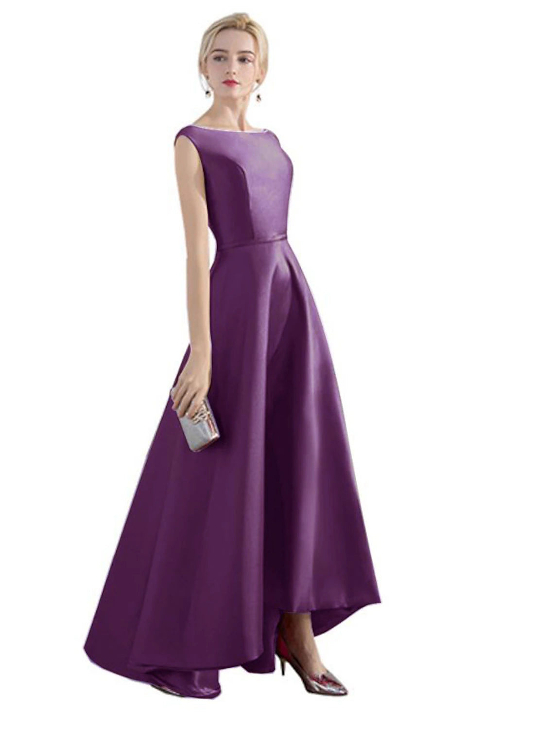 Burgundy Satin A-Line Tea-Length Dress with Boat Neck