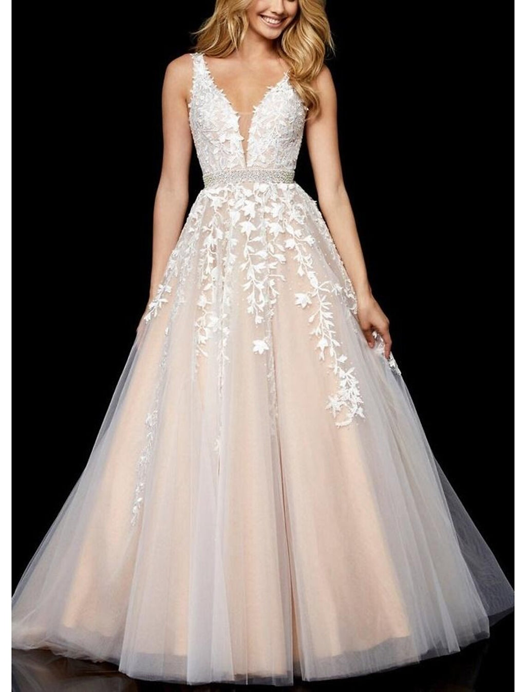 Abiti da ballo a trapezio, eleganti, formali, lunghi fino al pavimento, senza maniche, scollo a V, in tulle con applicazioni di ricami di perline