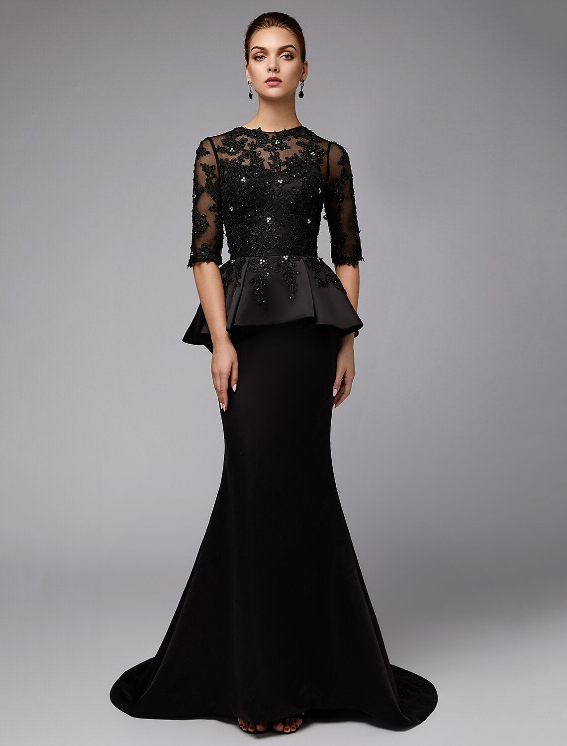 Vestido de sirena/trompeta para madre de la novia, sexy, transparente, con escote joya, cola larga/cepillo, encaje satinado, media manga con apliques de cuentas