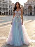 Pastel Sky Blue Tulle A-Line Sweetheart Lace-up Floor-Length Dress - Jimiss