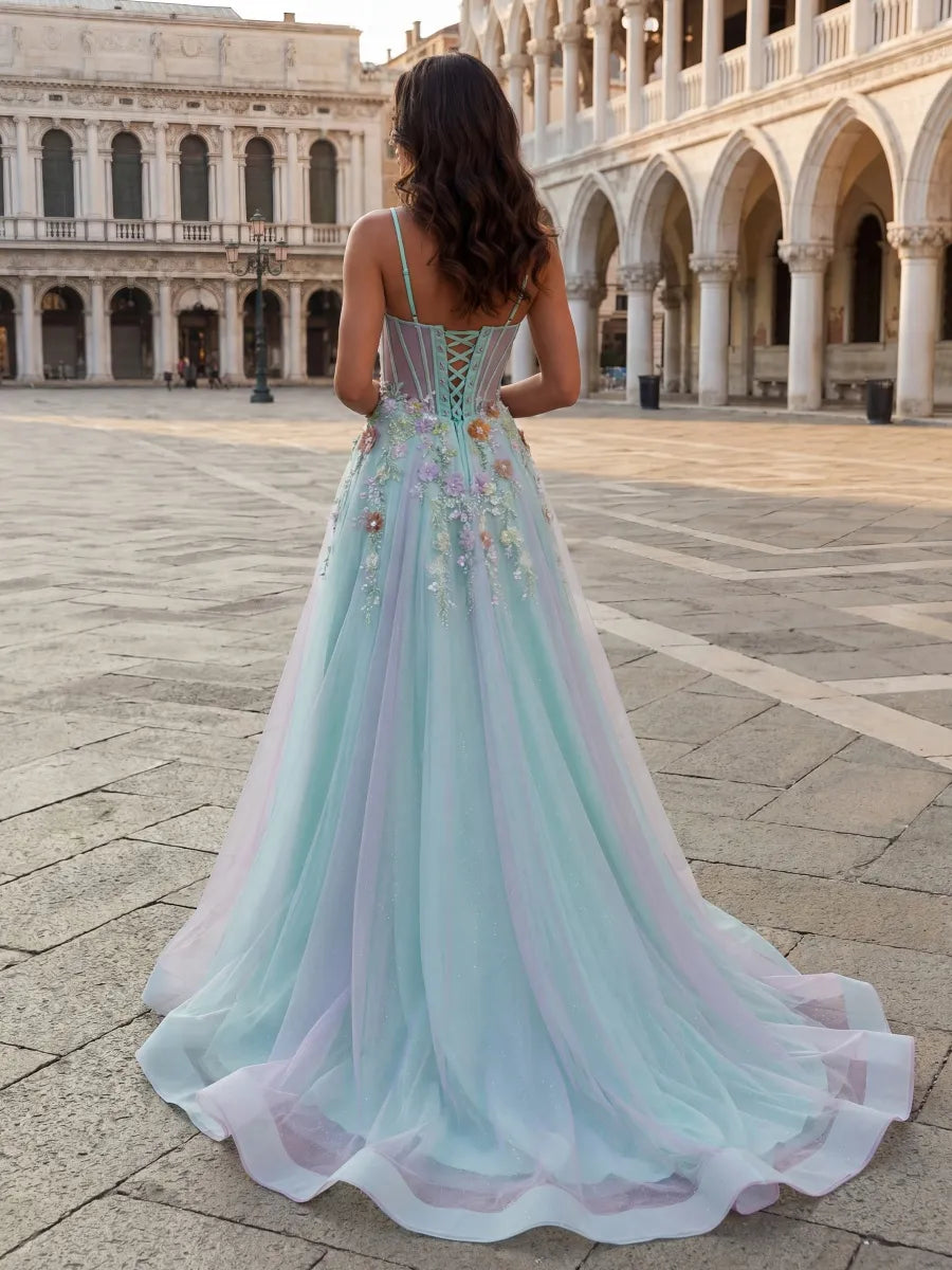 Pastel Sky Blue Tulle A-Line Sweetheart Lace-up Floor-Length Dress - Jimiss