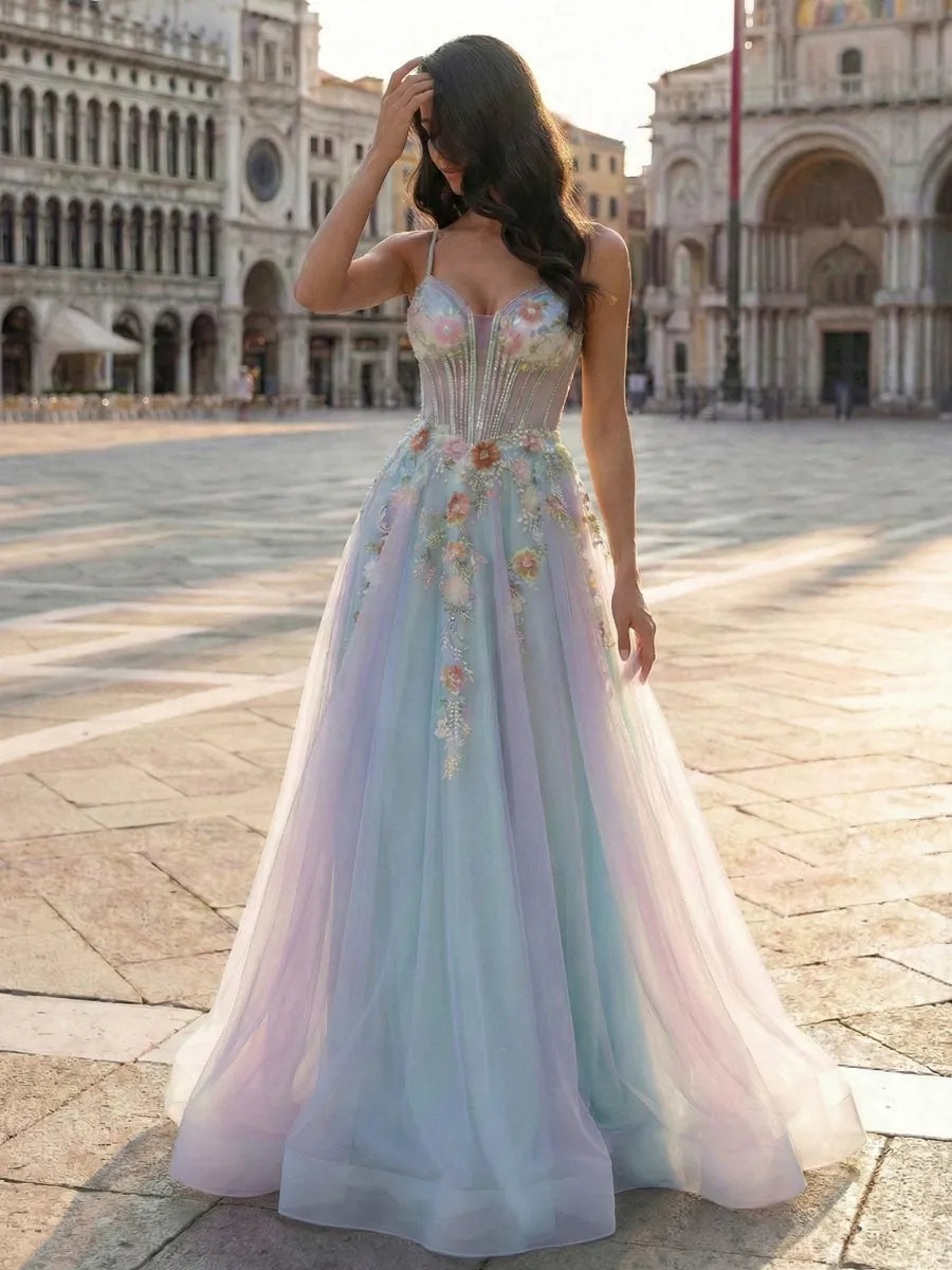 Pastel Sky Blue Tulle A-Line Sweetheart Lace-up Floor-Length Dress - Jimiss