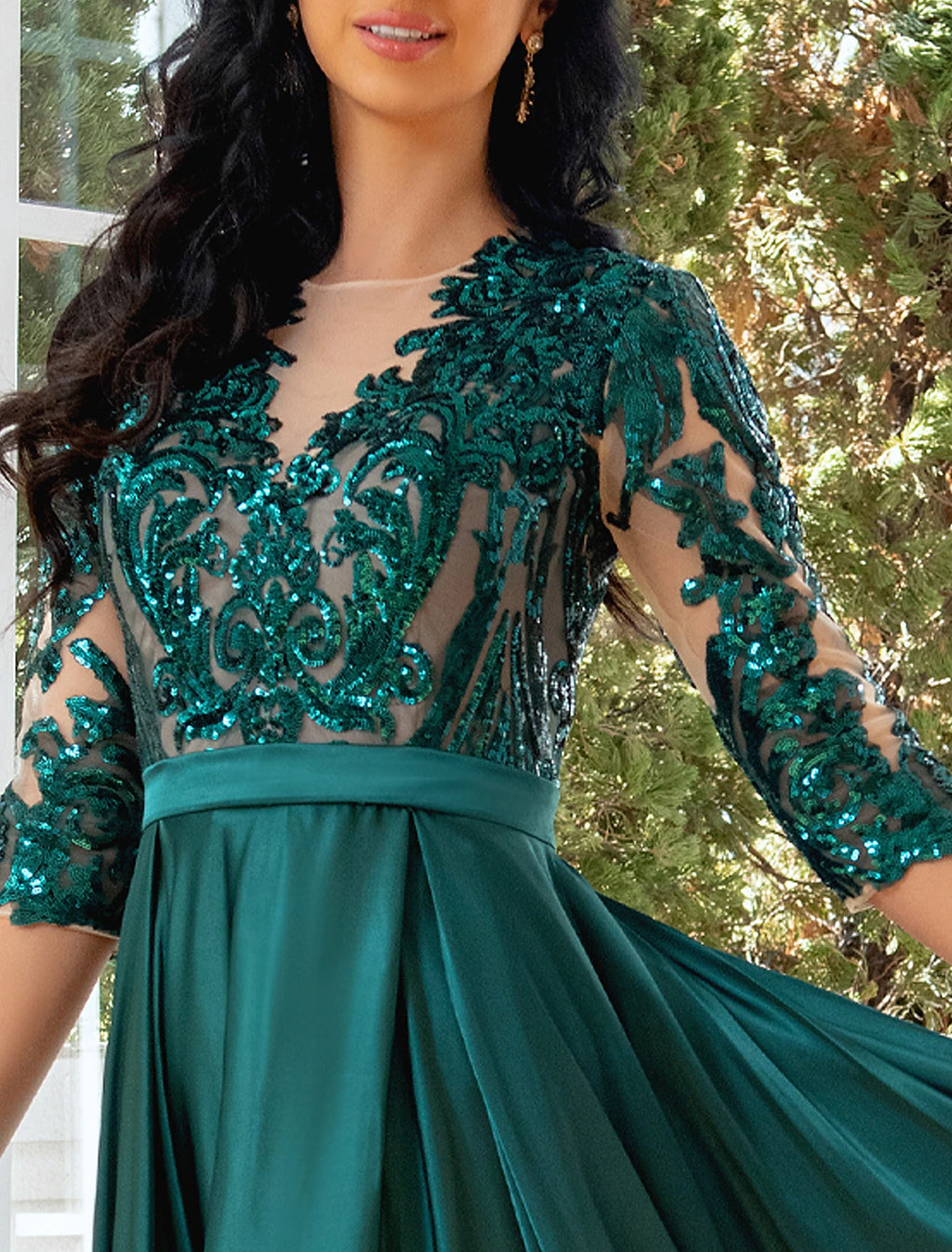 Emerald Satin A-Line Floor-Length Gown with Sequin Illusion V-Neck