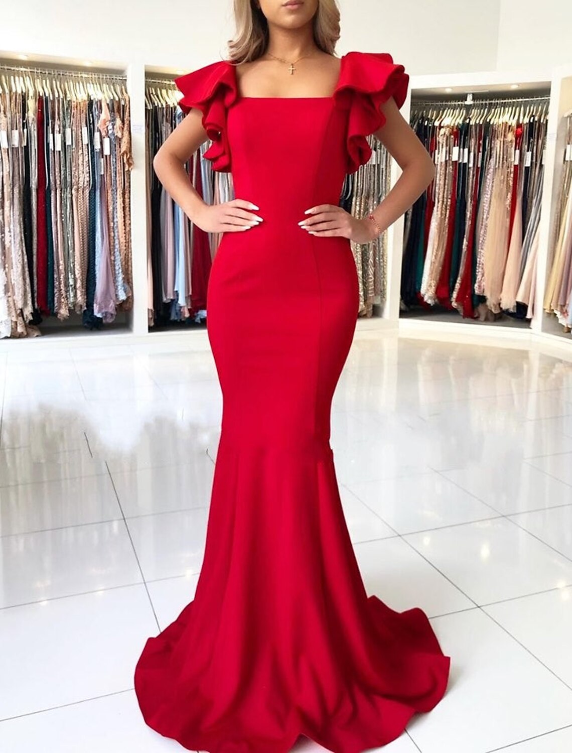 Mermaid / Trumpet Evening Gown Backless Dress Wedding Cocktail Party Sweep / Brush Train Sleeveless Square Neck  Fabric with Ruffles