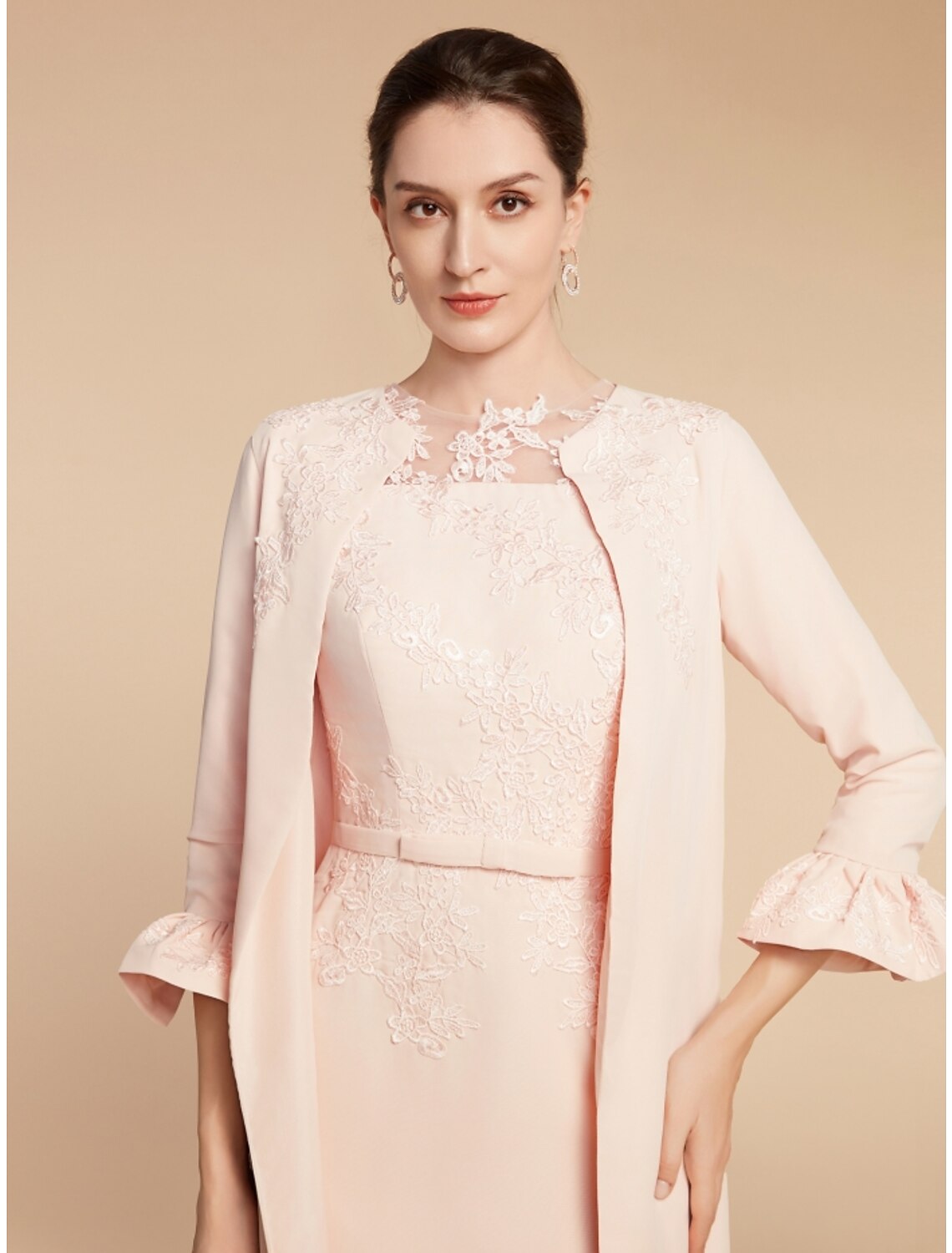 Two Piece A-Line Mother of the Bride Dress Wedding Guest Elegant Petite Jewel Neck Short / Mini Lace  Fabric 3/4 Length Sleeve with Bow(s) Ruffles Solid Color