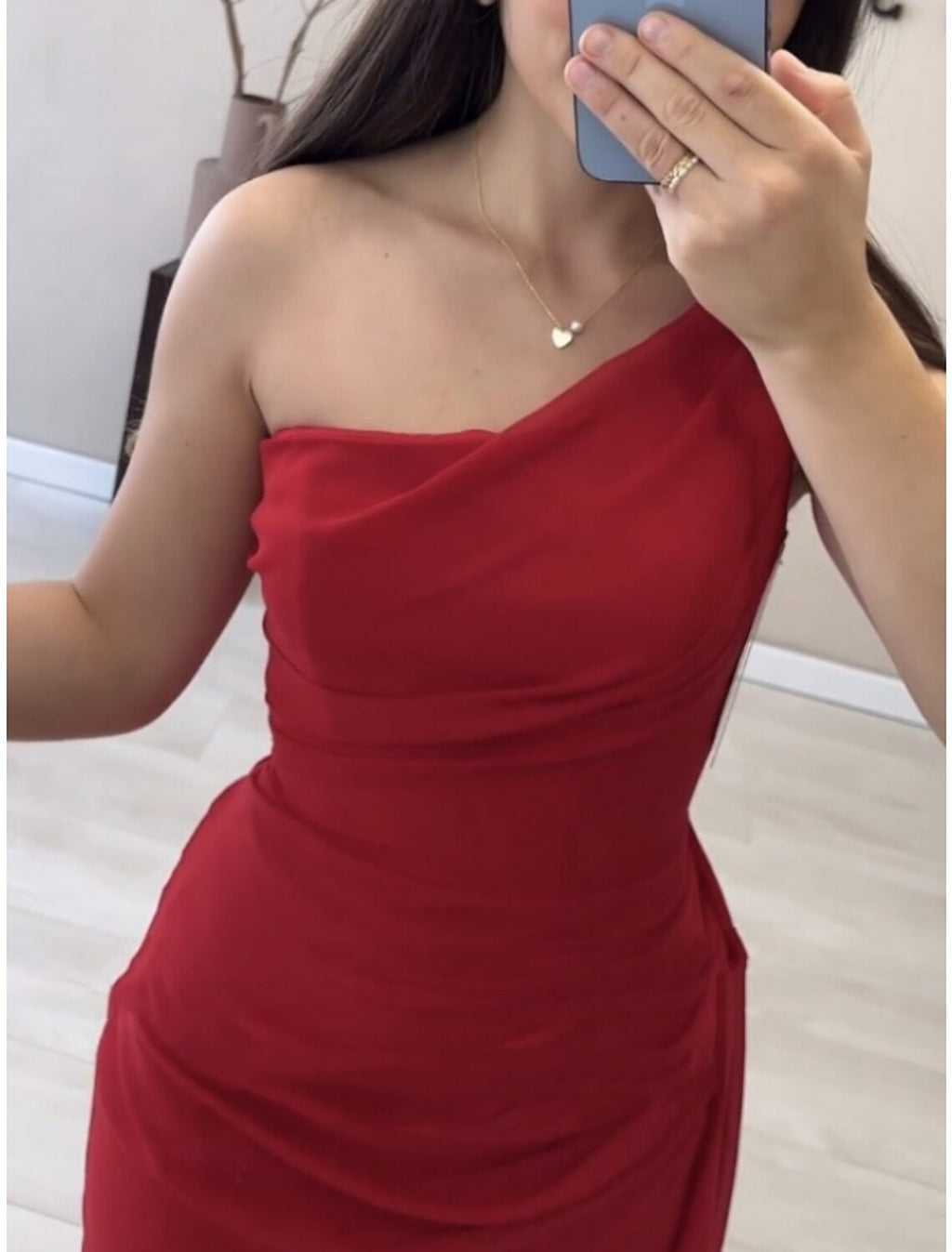Red Chiffon One Shoulder Sheath/column Floor-Length Evening Dress with High Slit