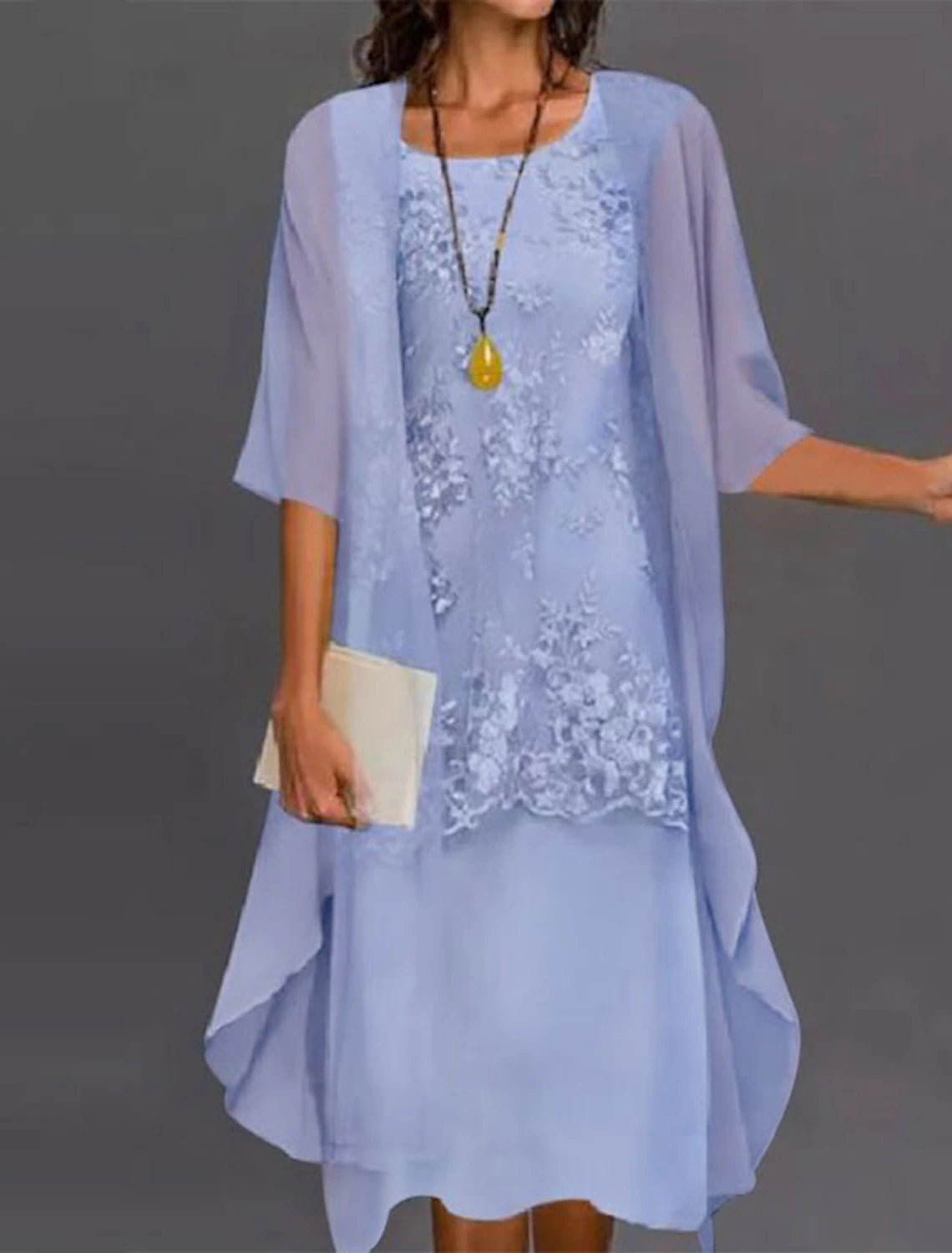 Lavender Chiffon A-Line Knee-Length Dress with Square Neck, Lace Bodice Overlay & Sheer Jacket