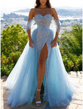 Sky Blue Sequin Tulle A-Line Floor-Length Dress with Off-the-Shoulder Sleeves and High Slit