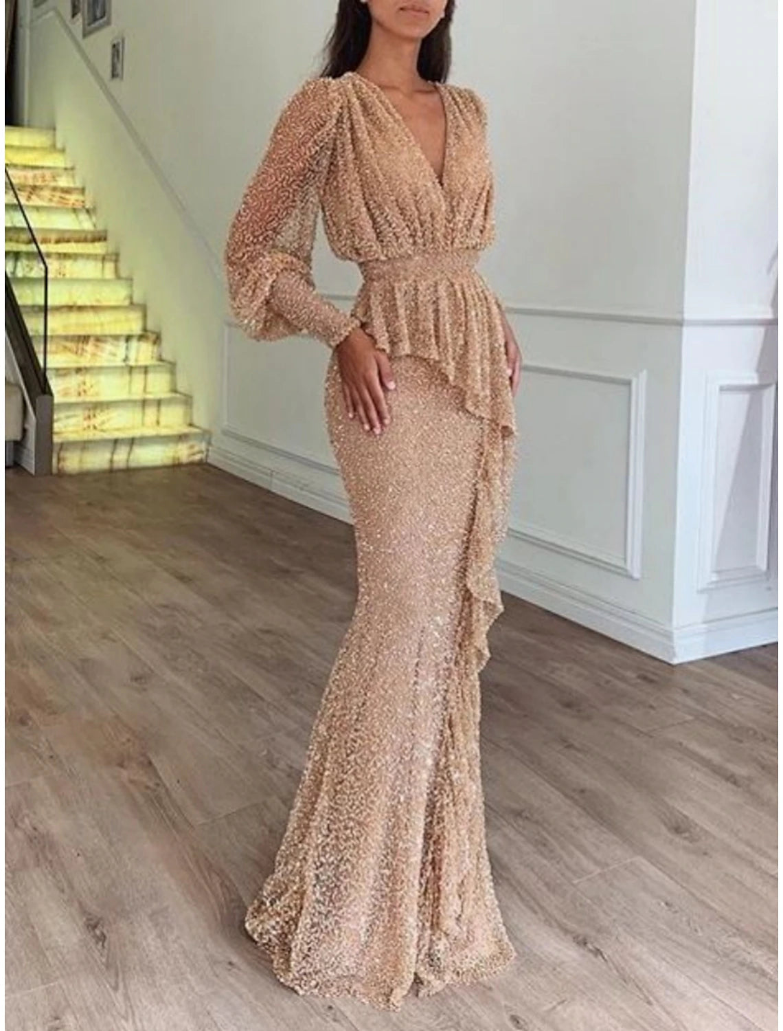 Mermaid / Trumpet Evening Gown Elegant Dress Formal Floor Length Long Sleeve V Neck Sequined with Glitter Pleats Ruffles 2025