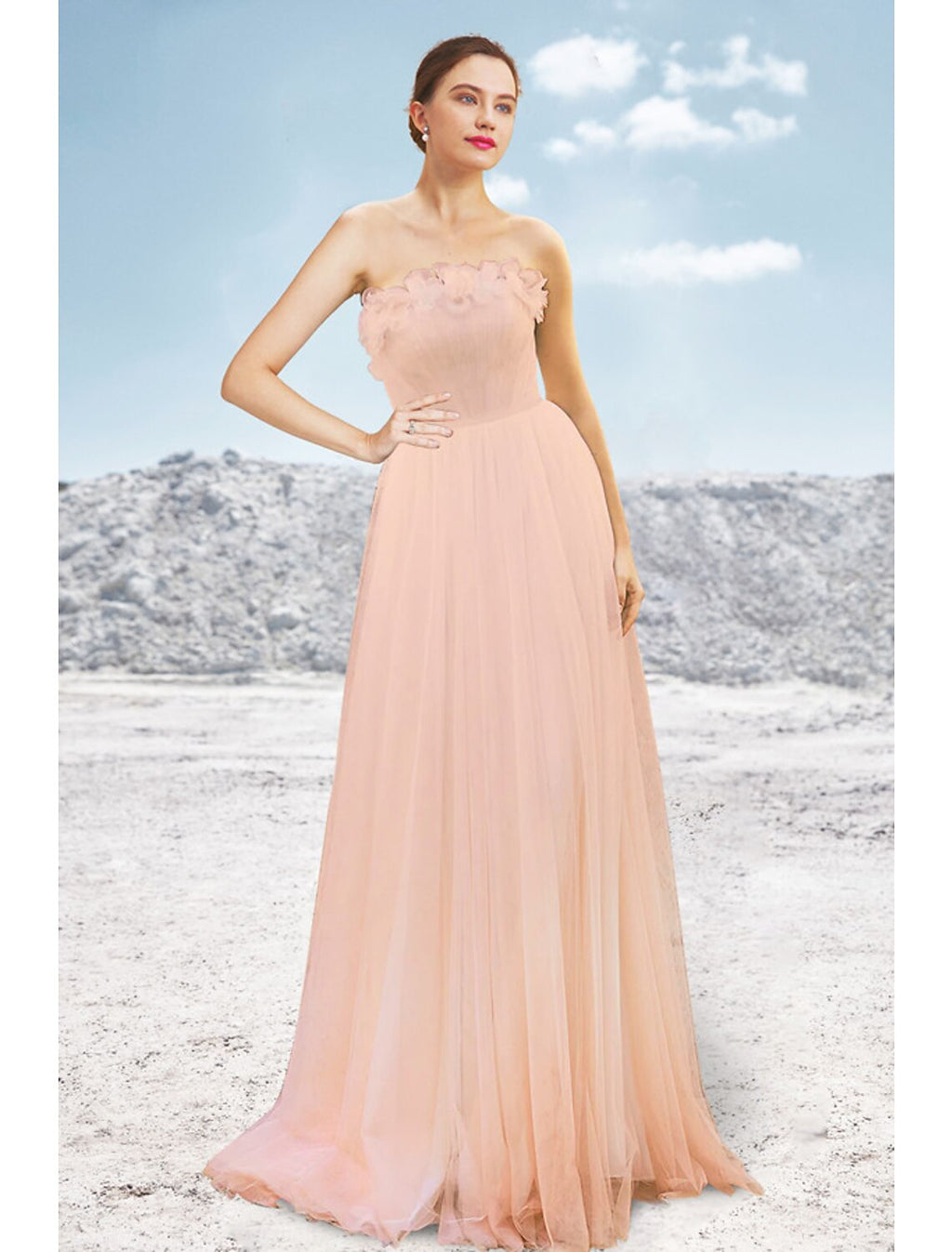 Blushing Pink Tulle A-Line Floor-Length Bridesmaid Dress with 3D Floral Details