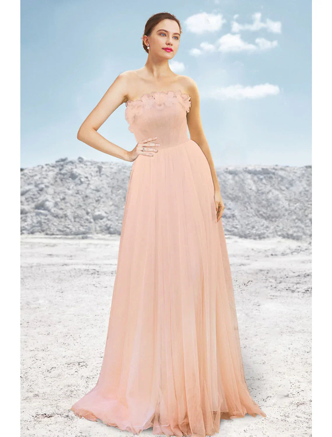 Blushing Pink Chiffon A-Line Floor-Length Bridesmaid Dress with Ruffled Straight Neck