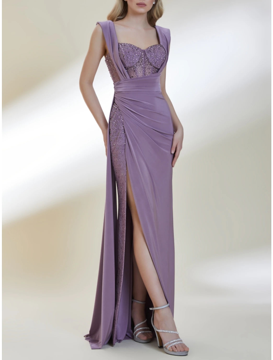 Lavender Sequin Chiffon Floor-Length Evening Dress | Sweetheart Neckline & High Slit