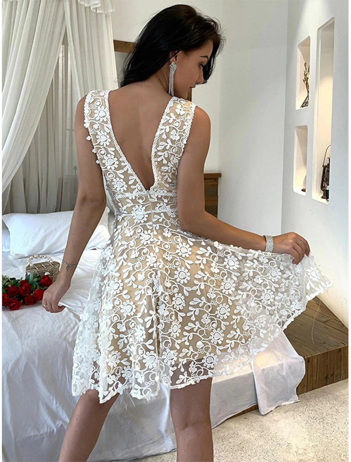 Abito da festa da donna, abito in pizzo, abito da ballo, abito midi, bianco, senza maniche, in pizzo di colore puro, estivo, primaverile, con scollo a V, abito primaverile caldo
