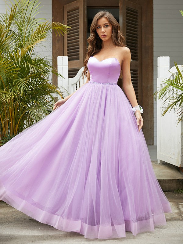 Vestidos de corte A/princesa de tul con volantes, escote corazón, sin mangas y hasta el suelo