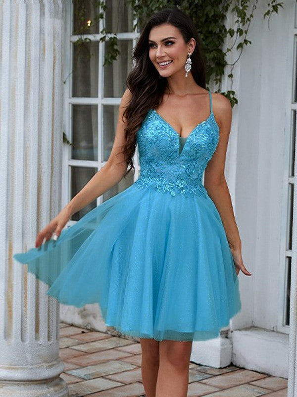 Vestidos cortos/mini sin mangas con escote en V y apliques de corte A/princesa