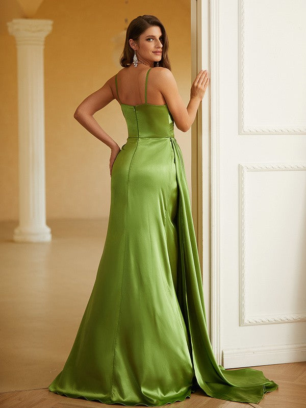 Olive Green Satin A-Line Floor-Length V-Neck Dress with High Slit