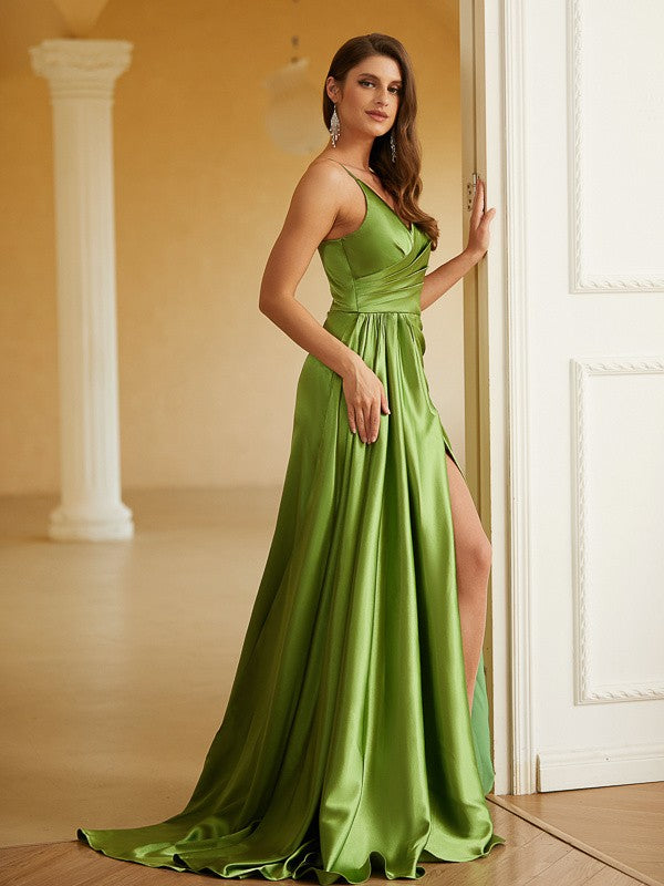 Olive Green Satin A-Line Floor-Length V-Neck Dress with High Slit