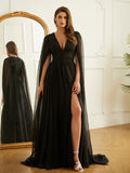 Black Chiffon A-Line Floor-Length Evening Dress with Pleated Bodice & Cape Sleeves