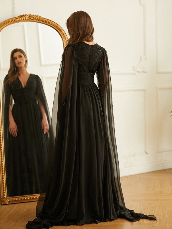 Black Chiffon A-Line Floor-Length Evening Dress with Pleated Bodice & Cape Sleeves
